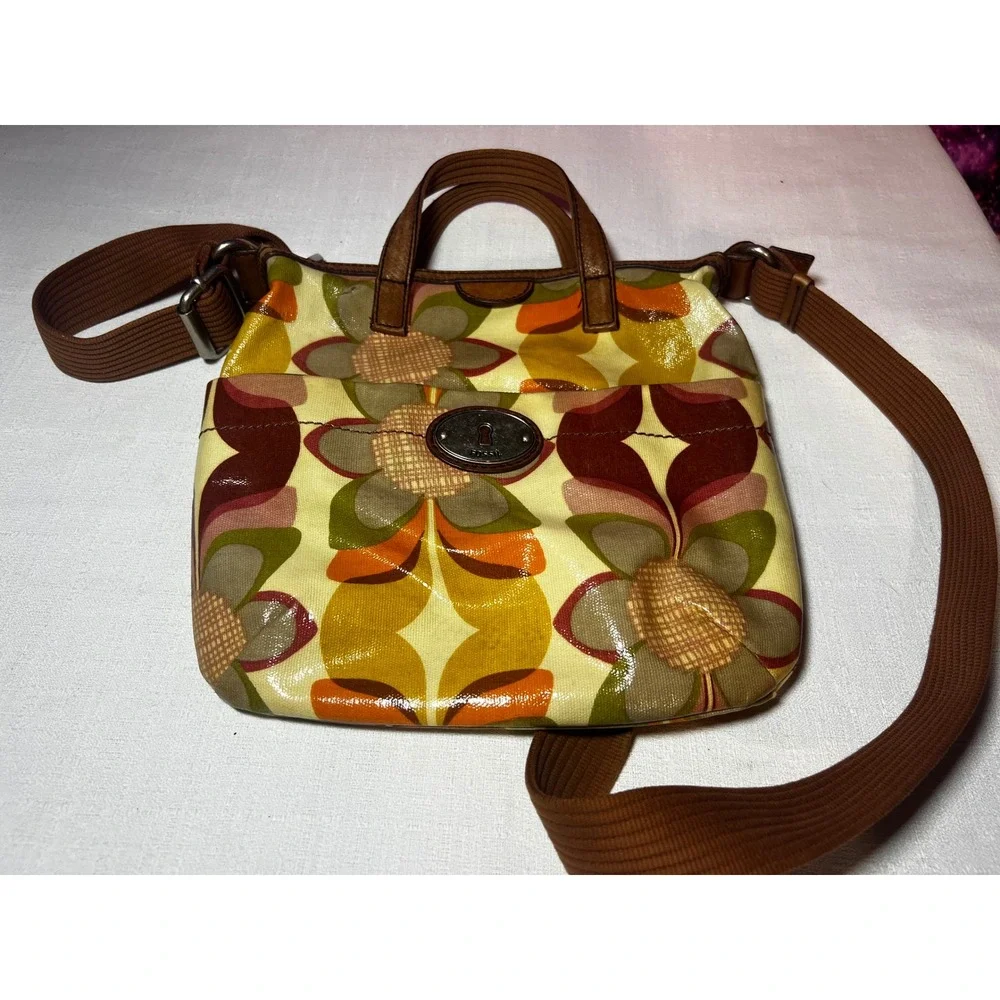 Fossil Key-Per Floral Coated Canvas Crossbody Bag Retro 70s Style Brown Multi